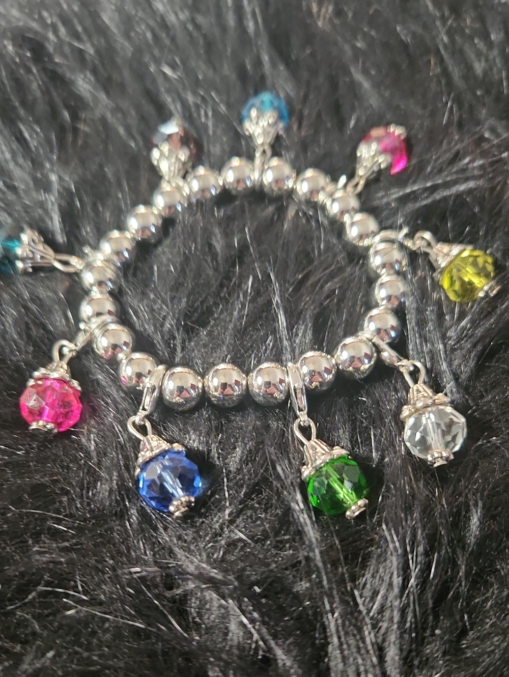 Hand Crafted Silver Bead Bracelet with Multicolor Crystal Charms